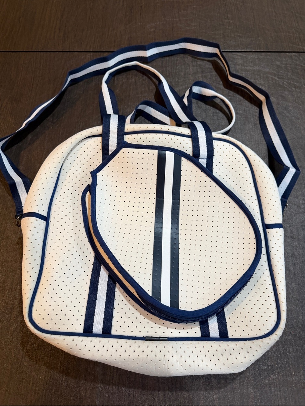 White Perforated Neoprene Tote with Navy Stripes for Pickleball